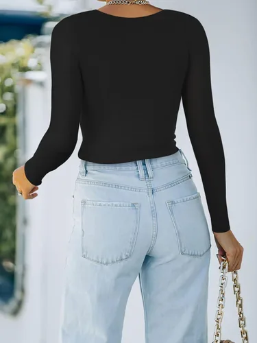 Miniatura 3 de REORIA Camiseta básica de manga larga con cuello redondo y doble forro para mujer