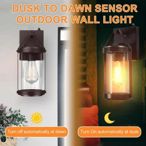 Miniatura 4 de LONEDRUID Paquete de 2 lámparas de pared para exteriores, con sensor de anochecer a amanecer, impermeables, para porche, exteriores, rústico, Marrón