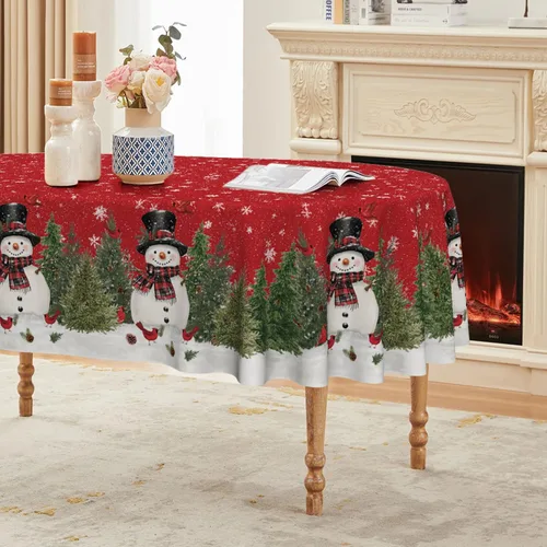 Miniatura 8 de Horaldaily - Mantel de Navidad rectangular de 52x70 pulgadas, diseño de muñeco de nieve y árboles azules, mantel lavable de temporada
