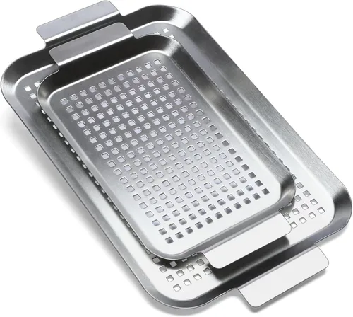 Miniatura 7 de Set de 2 bandejas para parrilla, topper para parrilla de exterior, cestas para asar de acero inoxidable con agujeros y asas, bandeja perforada