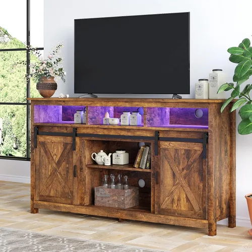 Miniatura 9 de Soporte de TV LED Estilo Casa de Campo para TVs de 65 pulgadas, Centro de Entretenimiento Rústico Soportes de Gabinete de TV con Tomas de Corriente