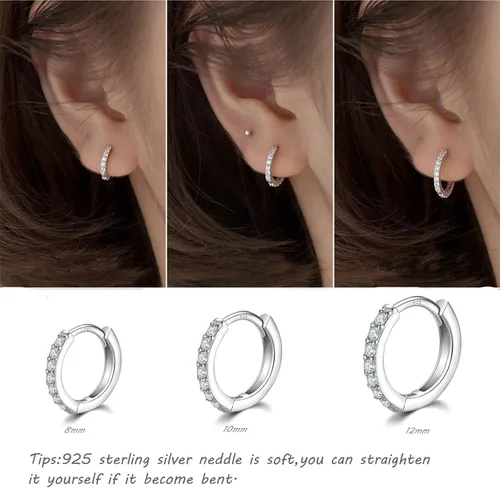 Miniatura 3 de Aretes pequeños en forma de círculo de plata de ley 925 con circonia cúbica, 3 pares de aros chapados en oro blanco de 14 quilates para piercing