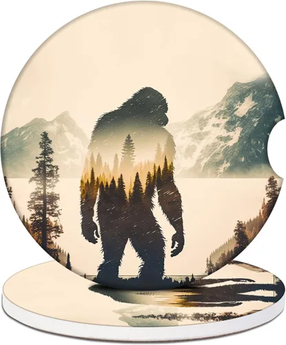 Posavasos para Portavasos de Automóvil - Bigfoot Mountains Forest Posavasos de Cerámica Absorbente 2 Unidades, Posavasos para Automóvil para