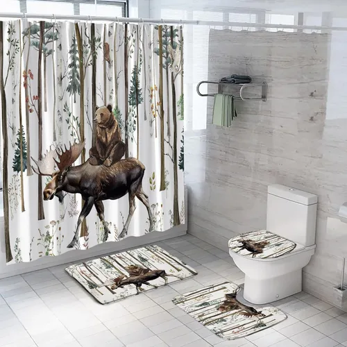 Miniatura 10 de Misty Forest Deer 2 piezas tablero de madera animales salvajes alce rústico naturaleza niebla caza cabaña árbol selva alfombra de baño en forma de U