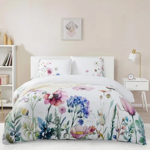 Miniatura 9 de Style Quarters Dahlia Lane - Juego de funda de edredón de 3 piezas, tallos florales multicolor con siluetas de hojas blancas, 100% algodón, lavable