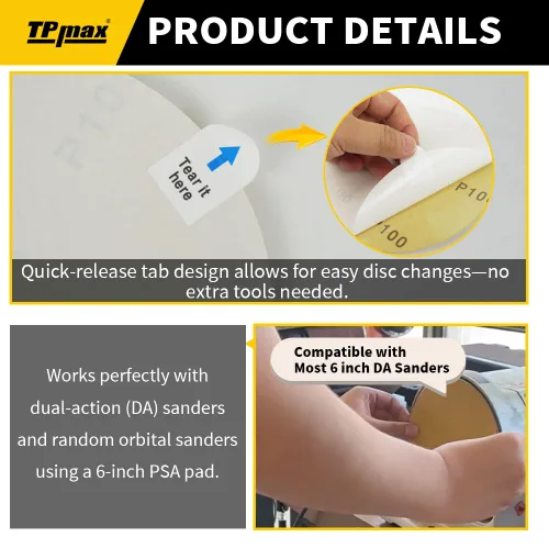 Miniatura 2 de TPmax Paquete de 28 discos de lija PSA dorados de grano 40 de 6 pulgadas, papel de lija autoadhesivo de grado profesional con pestañas de liberación