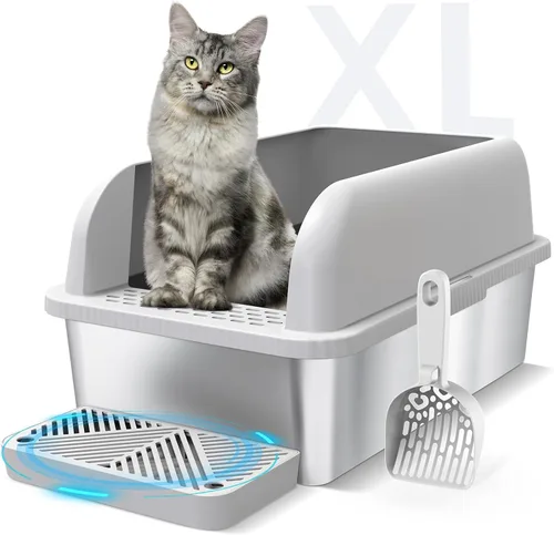 Suzzipaws Caja de arena cerrada de acero inoxidable para gatos con tapa, caja de arena extra grande para gatos grandes, bandeja de arena de metal XL