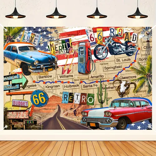 HANYING Telón de fondo vintage de ruta 66, motocicleta clásica para automóvil, estación de servicio, mapa de ruta, fotografía, fondo retro, fiesta