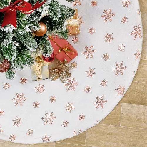 Miniatura 10 de Falda de árbol pequeña de 24 pulgadas, falda de árbol de piel sintética blanca de Navidad de 4 pies, mini copos de nieve de lentejuelas doradas