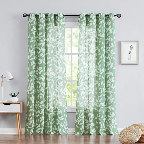 Miniatura 45 de Treatmentex Cortinas blancas y grises para dormitorio de 84 pulgadas de largo, cortinas semitransparentes con estampado de hojas para ventanas