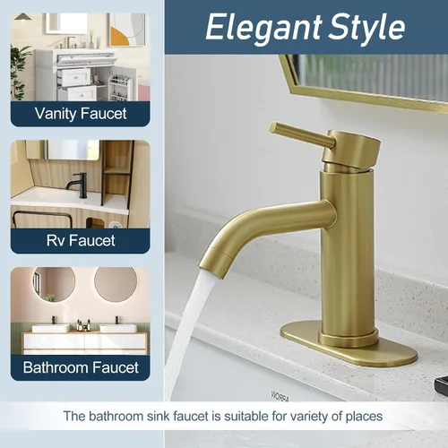Miniatura 2 de GENBONS Grifos de Baño Dorados, Grifo de Lavabo Moderno de Una Sola Manija Dorado Cepillado de 1 Agujero con Placa de Cubierta de 3 Agujeros, Grifo