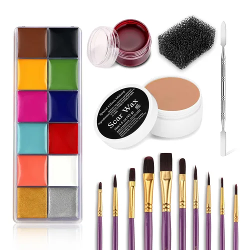 Kit de maquillaje profesional SFX de efectos especiales, paleta de pintura corporal de 12 colores, cera de cicatriz de modelado de heridas, sangre