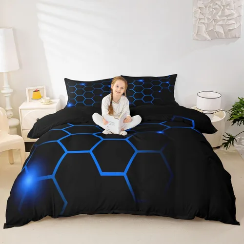 Juego de funda de edredón hexagonal geométrica de panal de abeja, funda de edredón hexagonal moderna para niños, niños, niñas, azul neón, negro,