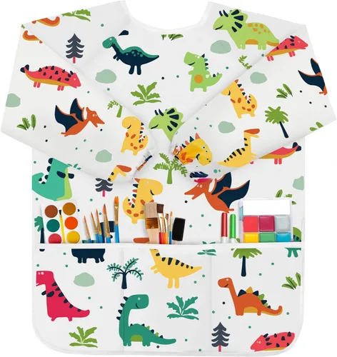 Miniatura 7 de Bassion Kids Art Smock Toddlers Painting Aprons Colorful Waterproof Children Artist Smock with Long Sleeve 3 Roomy Pockets