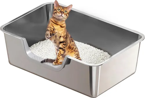 Miniatura 10 de Caja de arena XL de acero inoxidable para gatos, a prueba de fugas, bandeja de arena de metal de 7.9 pulgadas de alto, no se pega, antideslizante