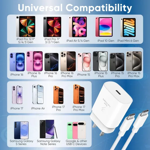 Miniatura 5 de Cargador para iPhone 17 16 15 cable de carga rápida de 10 pies, bloque de cargador USB C de 30 W para i Phone 15 16 16e 17 Air Plus Pro Max/iPad