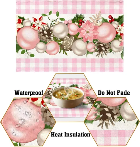 Miniatura 4 de Nepnuser Juego de 4 Manteles Individuales de Navidad a Cuadros Vichy y de Búfalo Rosa y Blanco, Decoración Navideña para Hogar Cocina Mesa de Comedor