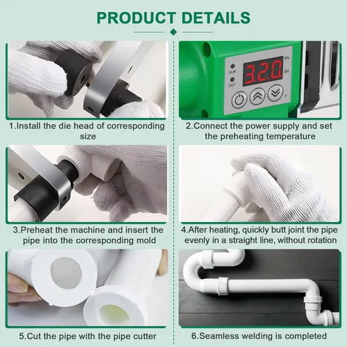 Miniatura 6 de Soldador plástico del tubo de agua con 0.79/0.98/1.26 '' muere, herramienta de soldadura plástica del tubo de 110V para el PE, PPR, calentador
