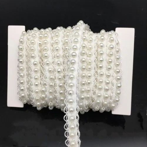 Miniatura 7 de FQTANJU 5 yardas de cinta de encaje con perlas de imitación y apliques de perlas para flecos para decoración de fiesta de boda, decoración