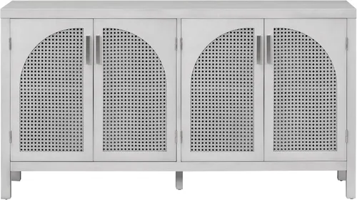 Miniatura 10 de Aparador de madera con puerta de ratán artificial y asas de metal, 4 puertas y estante ajustable, mesa de consola para comedor, sala de estar