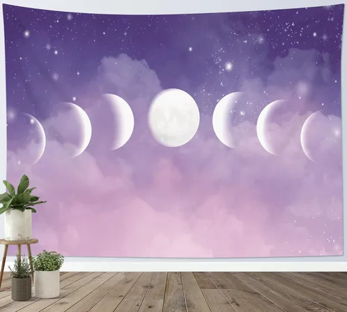 Miniatura 21 de HVEST Tapiz de fase lunar para colgar en la pared, cielo morado con nubes, estrellas, decoración de pared celestial, paisaje natural, decoración