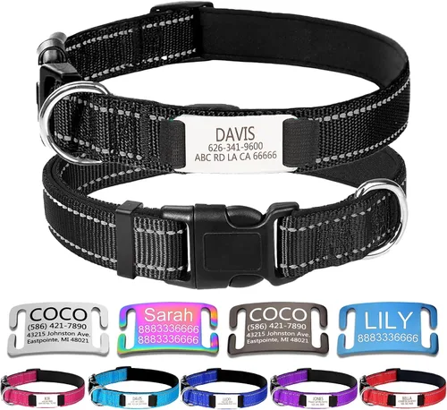 Miniatura 12 de Collares de perro personalizados, collar de perro con etiquetas de identificación de placa de nombre grabadas, collar de nailon ajustable Rosa