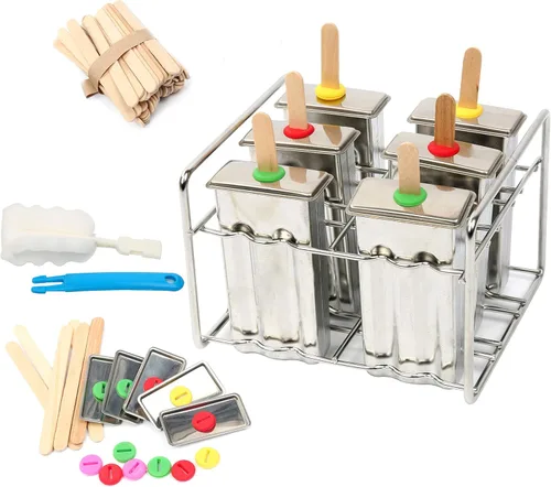 Juego de 6 moldes y estantes de acero inoxidable para paletas – Máquina casera de golosinas de hielo con 50 palos de madera y 6 sellos de silicona y
