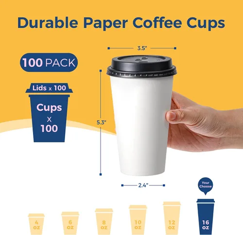 Miniatura 2 de Fit Meal Prep Paquete de 100 Tazas de Café Desechables de 16 oz con Tapas, Tazas de Papel Premium Para Llevar, Tazas de Café Caliente a Prueba