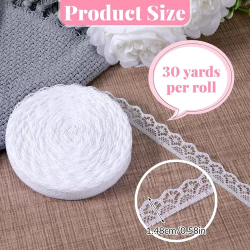 Miniatura 2 de Cinta de encaje blanca de 30 yardas, ribete de encaje de 0.6 pulgadas de ancho para coser bordes ondulados con flores huecas de algodón