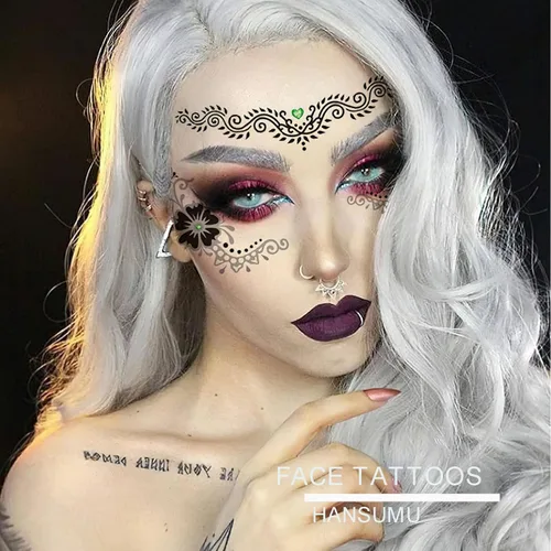 Miniatura 5 de Paquete de 9 calcomanías de maquillaje facial de ojos, impermeables, de encaje negro, tatuaje temporal para mujeres y niñas, Halloween, Navidad