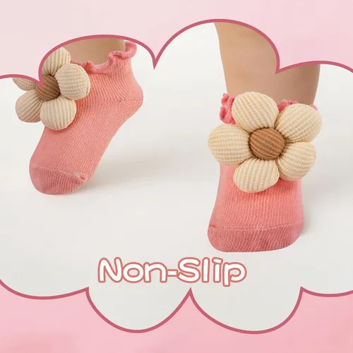 Miniatura 4 de Juego de 10 pares de calcetines para bebé con agarres antideslizantes, diseño de flores 3D grandes y ribete con volantes, conjunto de regalo