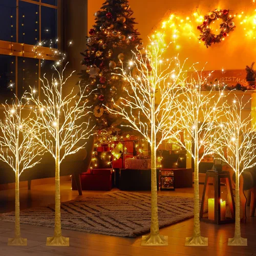 Miniatura 6 de Aurelema 6 piezas de árbol de abedul iluminado de 4 pies, 5 pies y 6 pies, 8 modos de Navidad, luces LED artificiales de color blanco cálido, árbol
