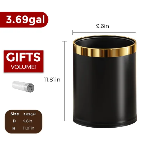 Miniatura 6 de 14L/3.7GAL Papelera negra y dorada, papelera de oficina con tapa abierta, papelera de metal, papelera dorada sin tapa para oficina, hotel, tienda