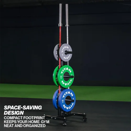 Miniatura 3 de Titan Fitness Árbol de pesas portátil para almacenamiento de platos olímpicos y barras, almacenamiento de discos de peso con capacidad de 1,000