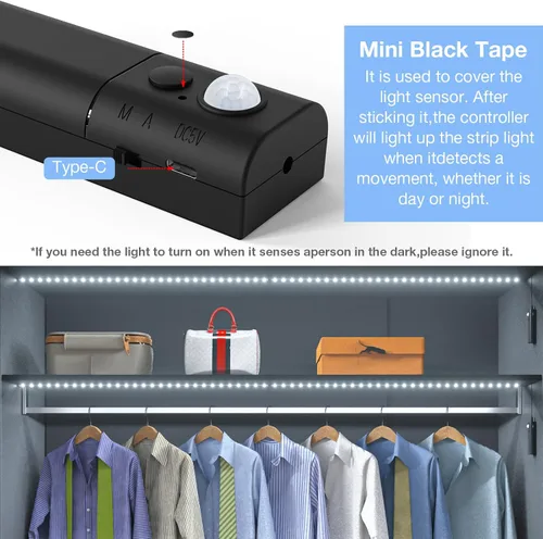 Miniatura 6 de WOBANE Tira de luz con sensor de movimiento dual, iluminación LED recargable de 16.4 pies, 150 luces LED de cinta para escaleras, debajo del Blanco