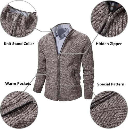 Miniatura 75 de VtuAOL Suéteres tipo cárdigan para hombre, con cremallera completa, cuello alto, cárdigan de punto casual con bolsillos