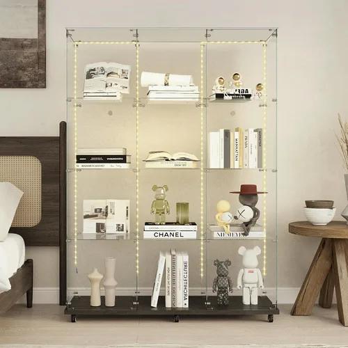Miniatura 27 de Vitrina de cristal con 4 estantes con tira de luces LED y cerradura, vitrina de vitrina con ruedas y 1 puerta, vitrina de vidrio templado para sala