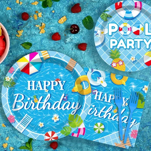 Miniatura 5 de Juego de vajilla de 96 piezas para fiesta de cumpleaños de piscina para decoración de mesa de playa de verano, suministros de bola de playa, platos
