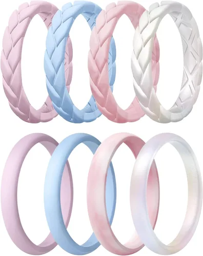 Miniatura 117 de Egnaro Anillos de boda de silicona para ella, conjuntos de novia de goma para mujer, bandas finas, diseño trenzado de hojas apilables con ranuras