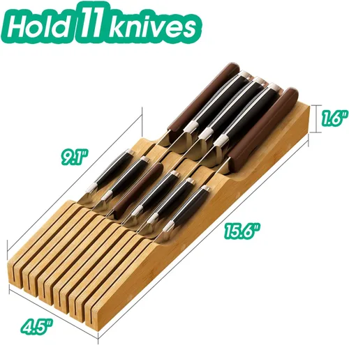 Miniatura 3 de Inserto Organizador de Cajones para Cuchillos, Soporte de Cuchillos de Madera de Bambú, Bloque de Cuchillos que Sostiene Hasta 11 Cuchillos Natural