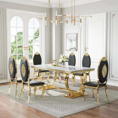Miniatura 48 de Juego de mesa de comedor de mármol de 70 pulgadas para 6, mesa de cocina grande y sillas de cuero negro, mesas de comedor modernas negras y doradas