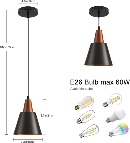Miniatura 6 de Paquete de 2 luces colgantes, luces colgantes negras para isla de cocina, cúpula de madera, luces colgantes industriales minimalistas para isla