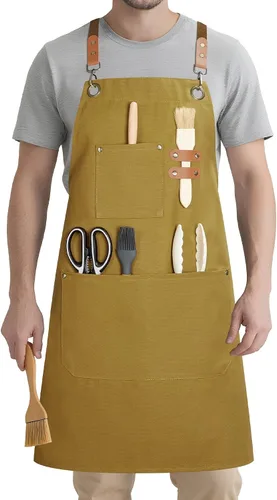 Syntus Delantal de chef para hombres y mujeres, delantal de cocina con bolsillos, delantales ajustables resistentes a las manchas, 1 paquete, marrón