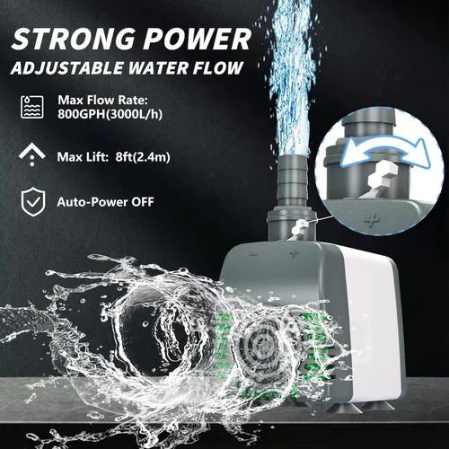 Miniatura 3 de Knifel Bomba de agua sumergible de 800 GPH - Bombas de fuente con apagado automático, flujo ajustable y ultra silencioso para fuentes, estanques