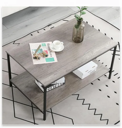 Miniatura 2 de SENIG Mesa de café de 2 niveles con estante de almacenamiento para espacios pequeños, mesa auxiliar rectangular de madera de roble gris y metal
