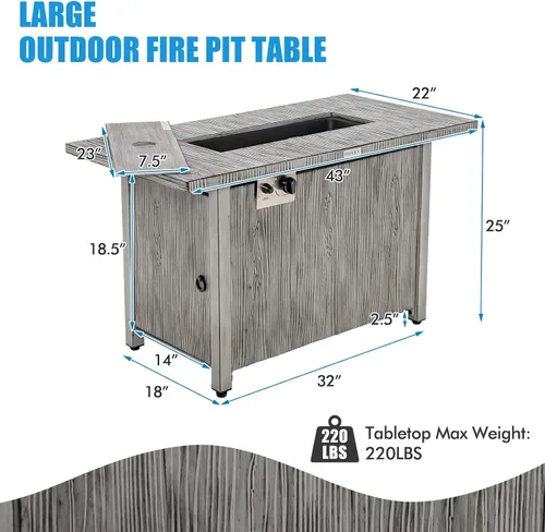 Miniatura 6 de Tangkula Patiojoy - Mesa de fuego de propano de 43 pulgadas, mesa de fuego de gas para exteriores de 50,000 BTU con mesa de grano de madera