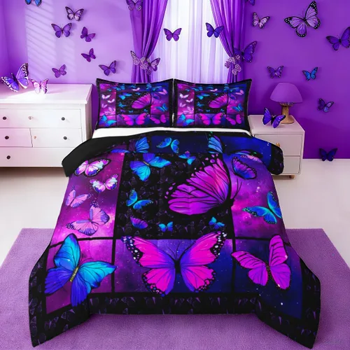 Erosebridal Juego de edredón de mariposa, cielo estrellado, galaxia, azul y morado, juego de ropa de cama matrimonial para niños, niñas, Multi 87