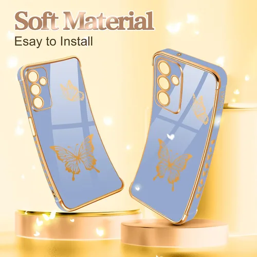 Miniatura 5 de Funda de teléfono para Samsung Galaxy A14 5G con diseño de mariposas para mujeres y niñas, diseño de mariposas chapadas en oro y azul oscuro