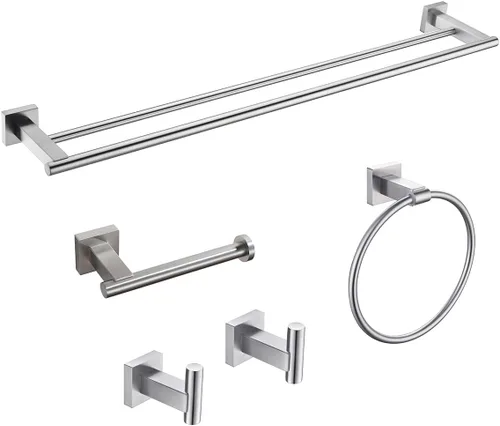 Miyili BS02N5 - Juego de accesorios de baño de 5 piezas para montaje en pared de acero inoxidable cepillado, incluye toallero doble, toallero de