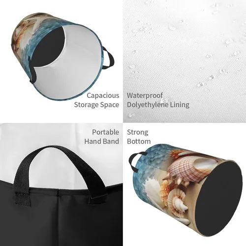 Miniatura 4 de Starfish Coral and Seashell print Circular Hamper Waterproof Storage Bin Organizer Basket Laundry Hamper With Handles For Clothes Toys Small